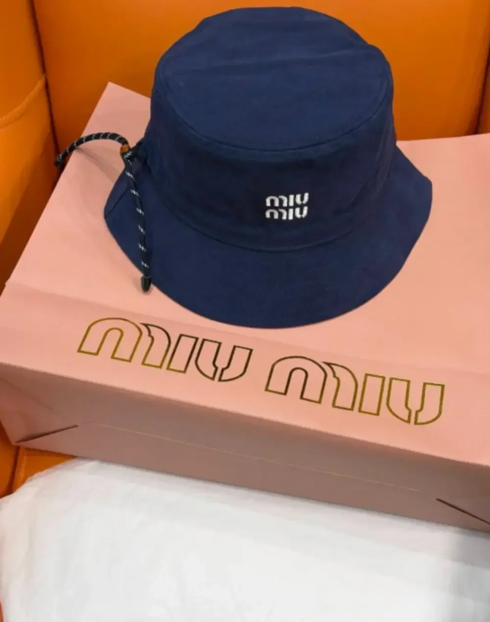 Miu Miu Navy Blue Logo Embroidered Bucket Hat with Drawstring